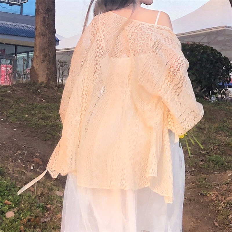 2023蕾絲鏤空防曬開衫外套女薄款吊帶裙外搭甜美風長袖披肩罩衫夏