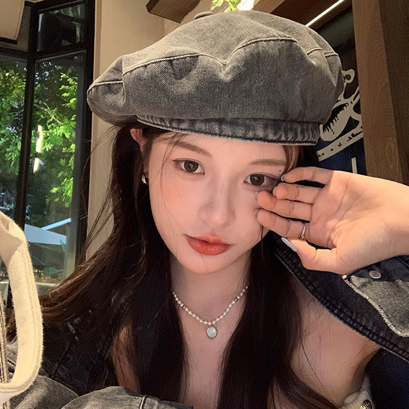 Japanese retro big head circumference denim beret women's summer ins casual old washed painter's cap showing face small tide