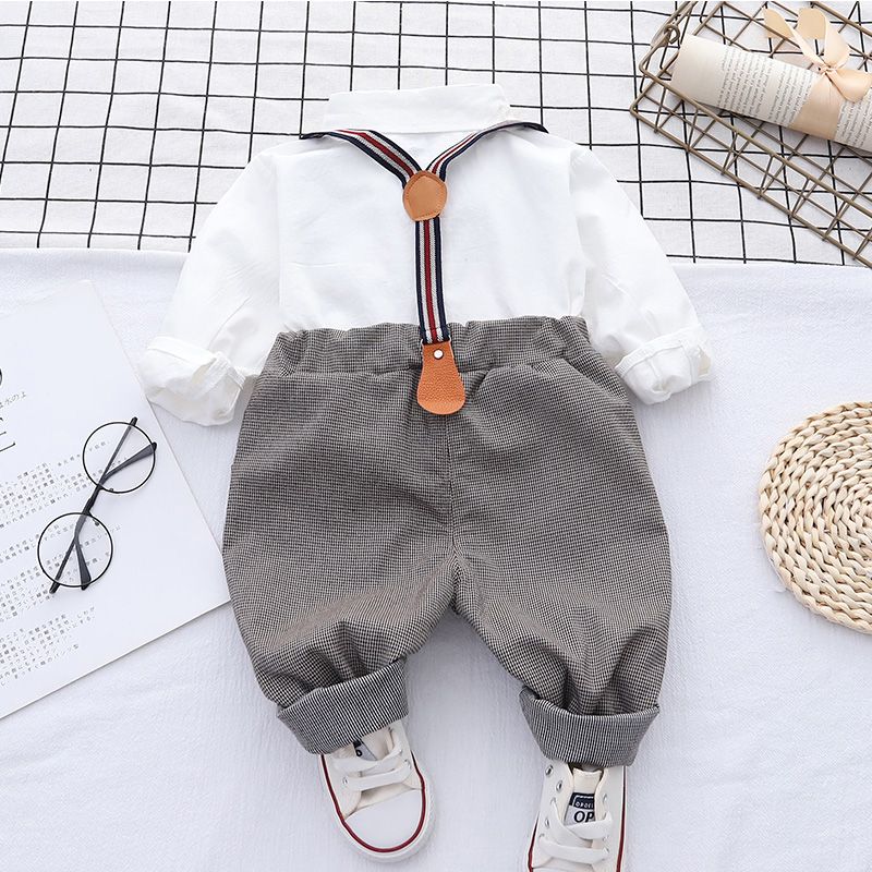 英伦风婴儿衣服春装套装0一3岁男宝宝周岁礼服儿童背带裤两件套潮