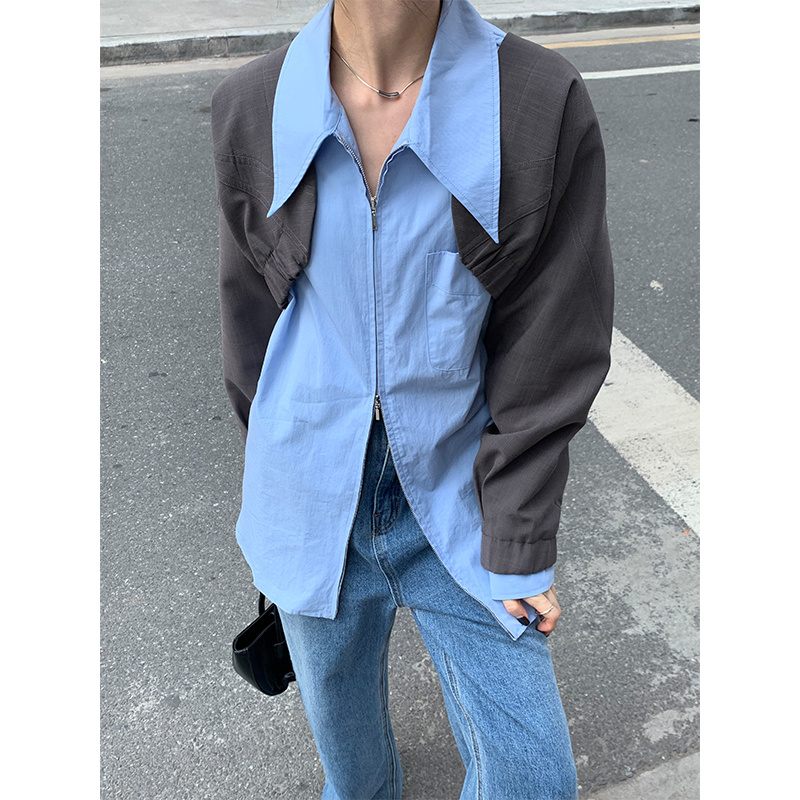 格瑞吉奧拉鏈襯衫女設計感小眾春秋高級內搭尖領長袖打底白色襯衣