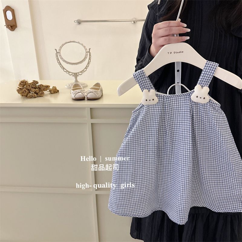 Korean girls suspender skirt  summer new plaid doll shirt baby small fresh style bunny vest skirt