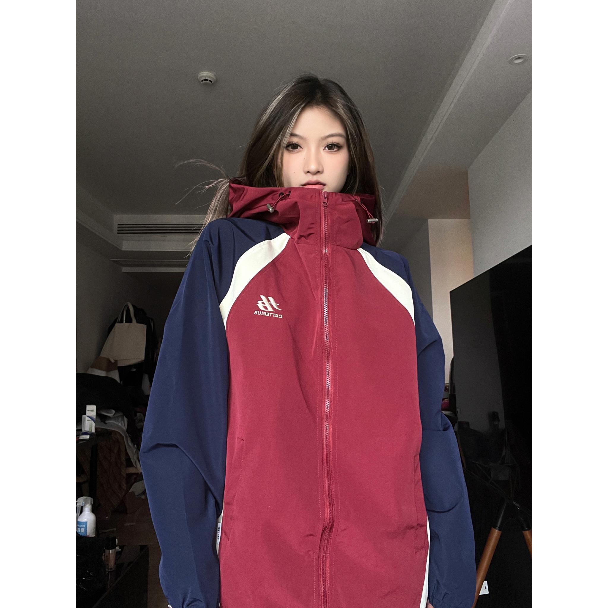 VIBRATE美式街頭復古戶外衝鋒衣女ins春秋款連帽外套運動休閒夾克