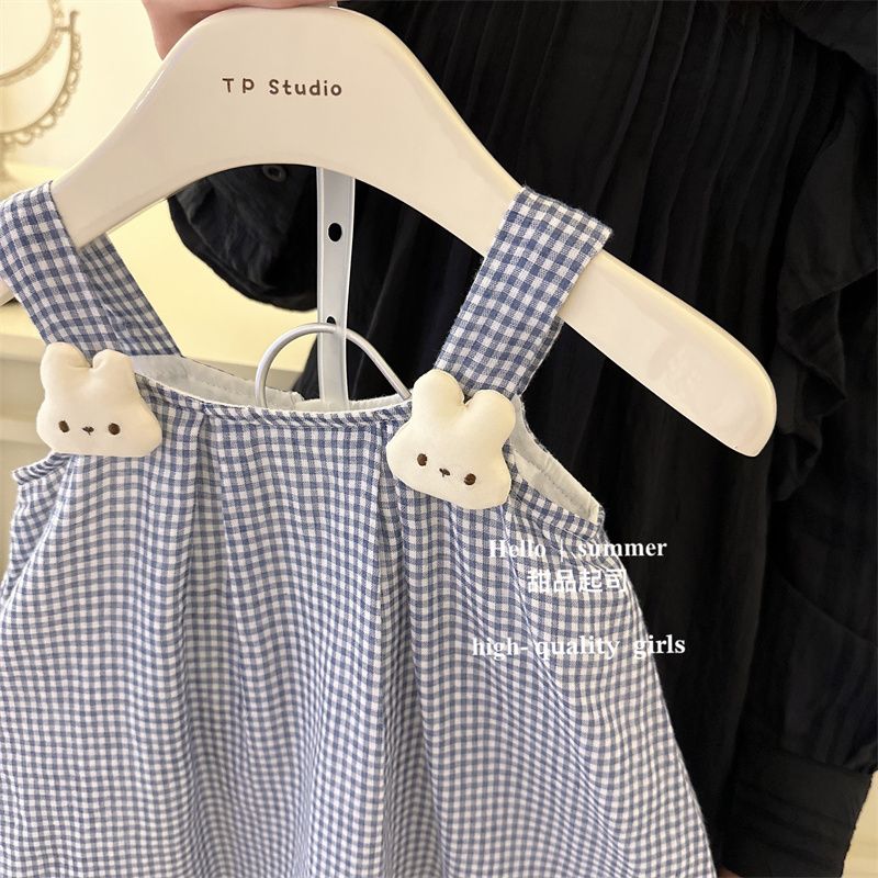 Korean girls suspender skirt  summer new plaid doll shirt baby small fresh style bunny vest skirt