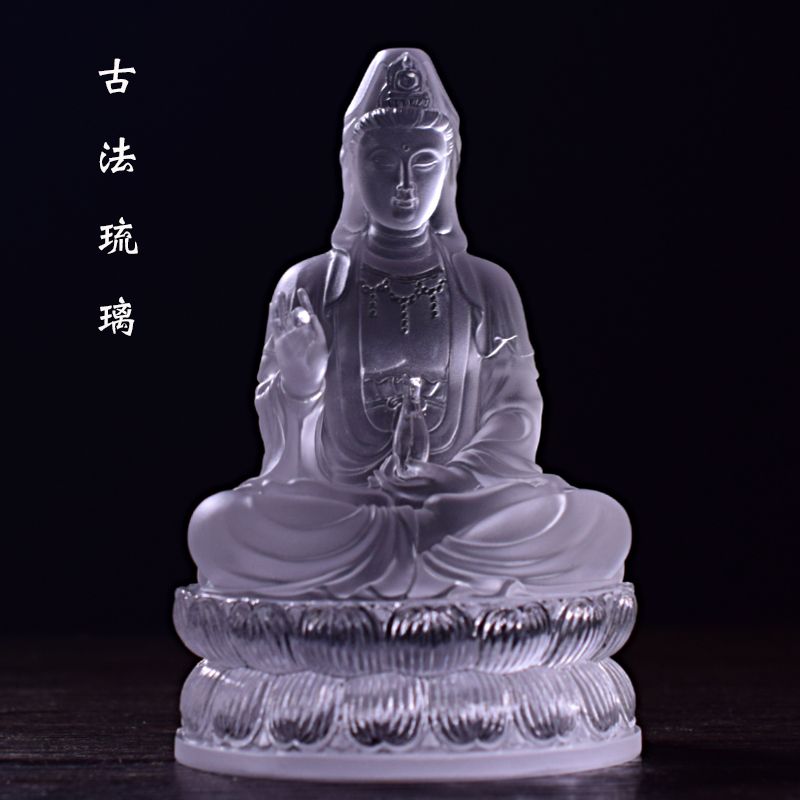 古法琉璃白衣观音像莲花座观世音菩萨坐像家居佛堂摆件供奉小佛像