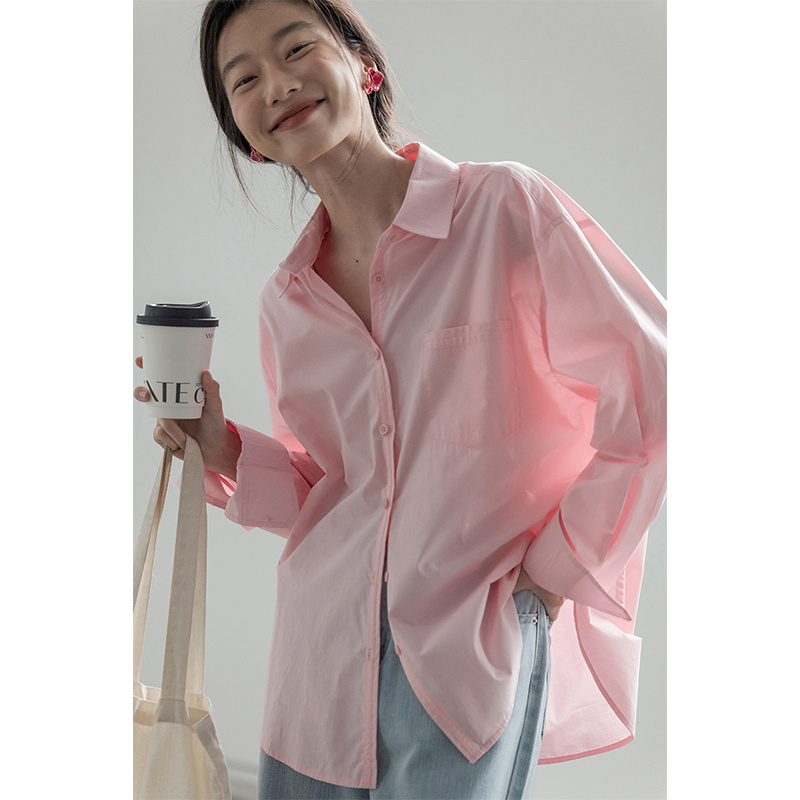 Looking for light pink shirt women's design sense niche shirt spring and autumn blue white peach pink top French coat