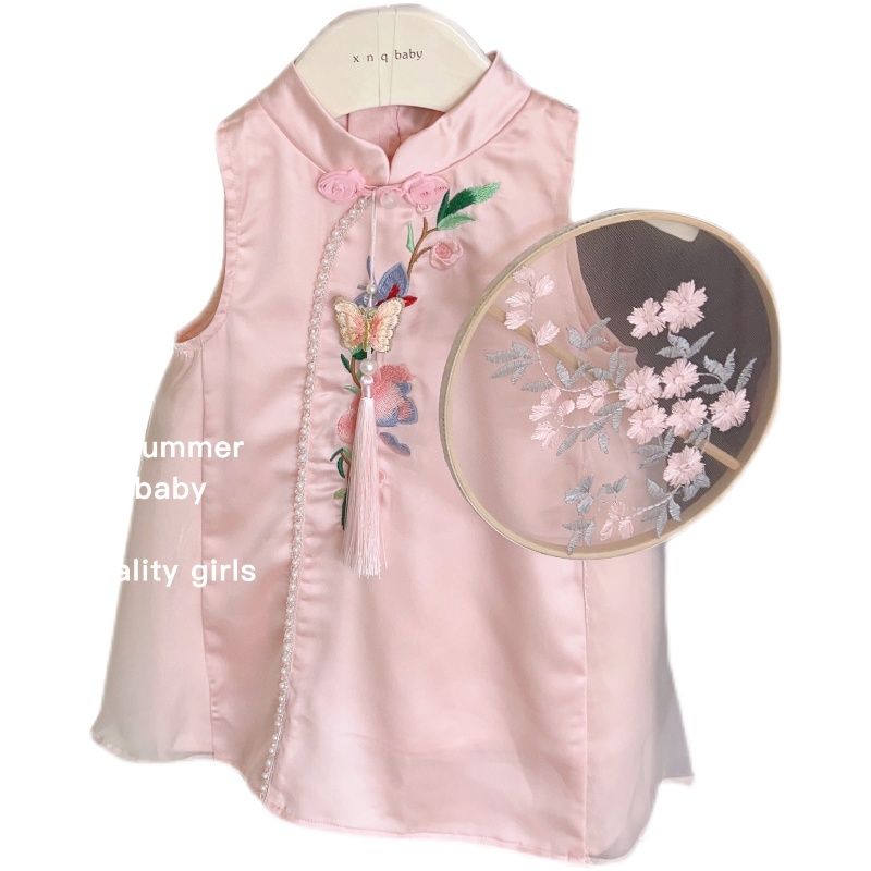 Girls' Cheongsam Dress Summer  New Style Children's National Style Embroidered Hanfu Sleeveless Vest Princess Dress