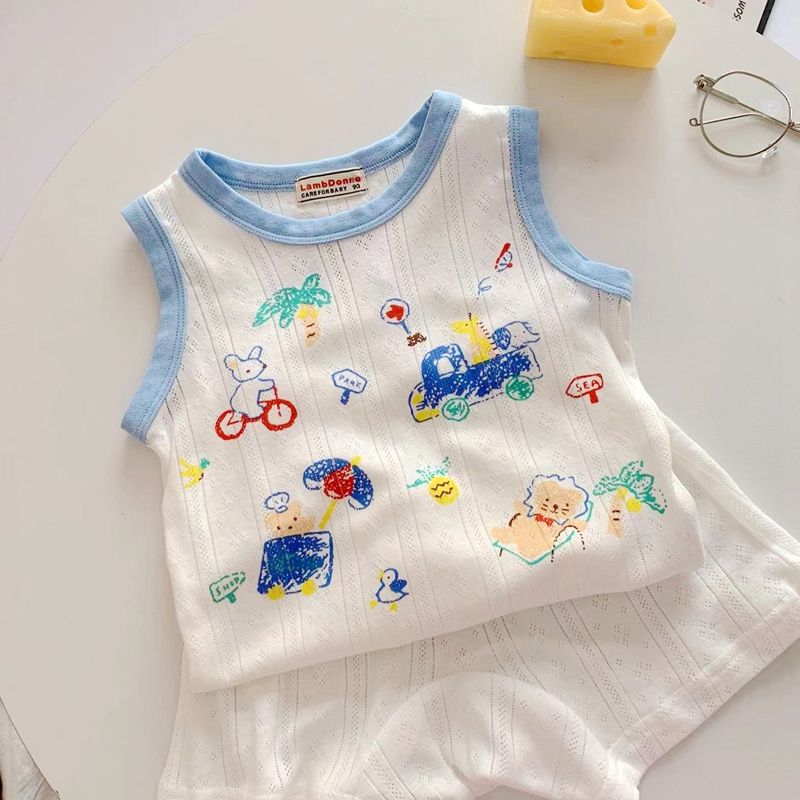 Boys and girls pure cotton vest set summer new breathable and refreshing children's baby sleeveless top shorts two-piece set