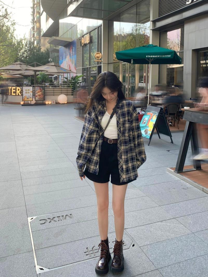 Power style wear plaid shirt women lazy style retro loose shirt cardigan jacket long-sleeved top spring and autumn