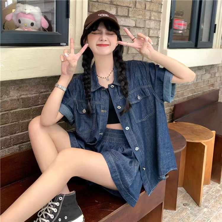 Fashion suit summer new style Western style lapel denim jacket high waist elastic wide leg shorts two piece set women's fashion