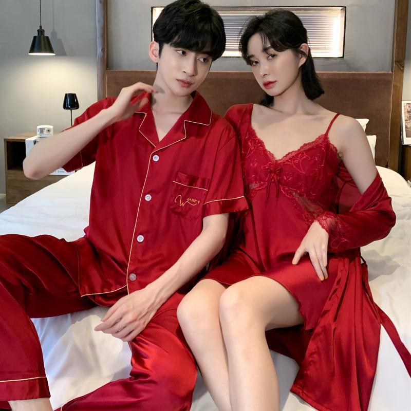 Couple pajamas women's ice silk wedding red natal year suspenders nightdress nightgown men's silk two-piece suit