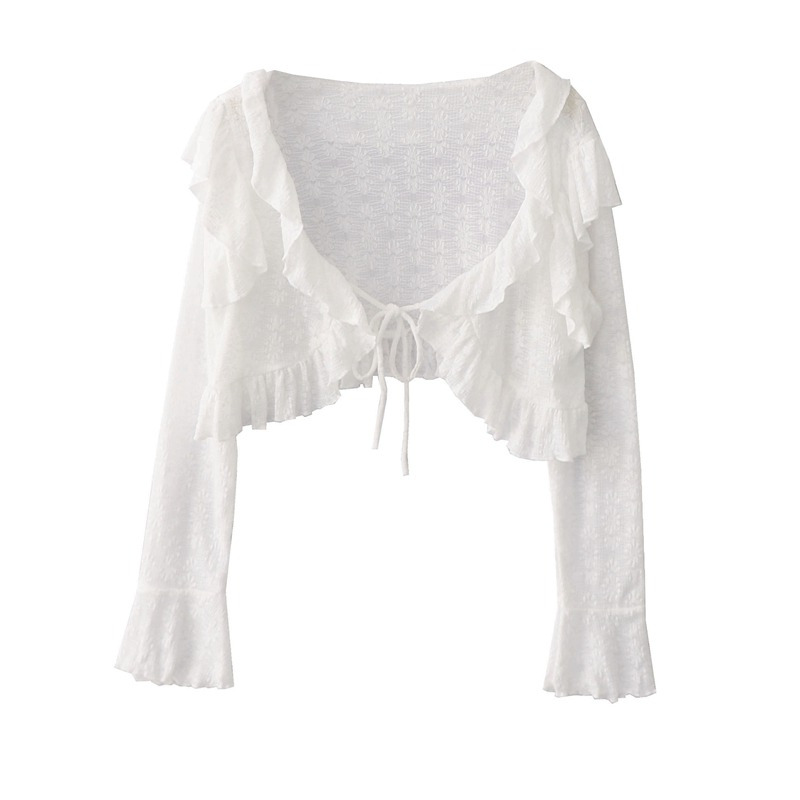 French ruffled sun protection clothing cardigan women's summer new tulle small shawl with suspender skirt blouse