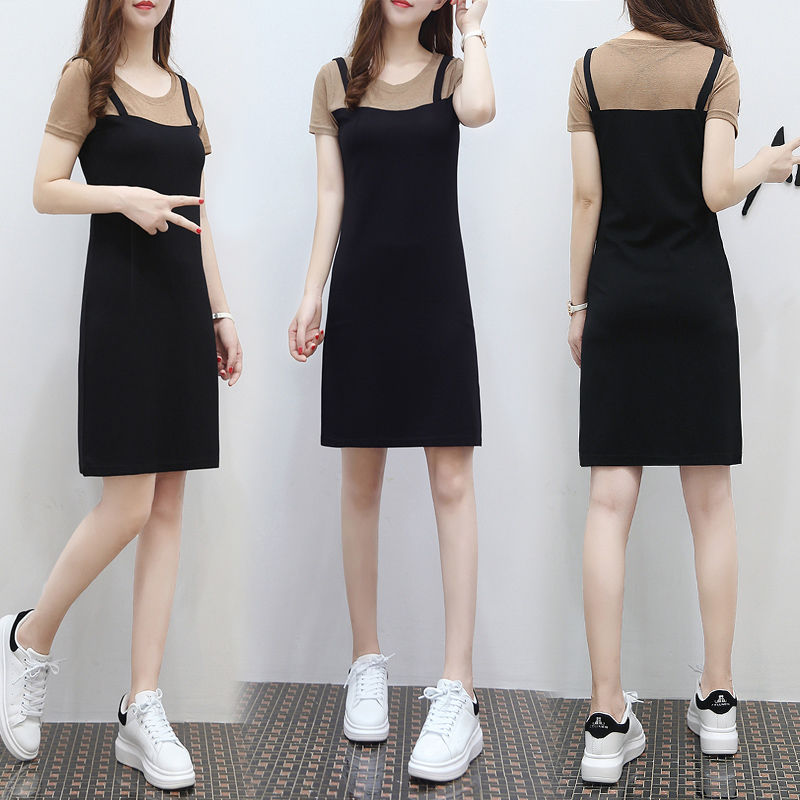 Summer Korean short sleeve splicing medium length fake two piece one-step skirt with slim dress on back