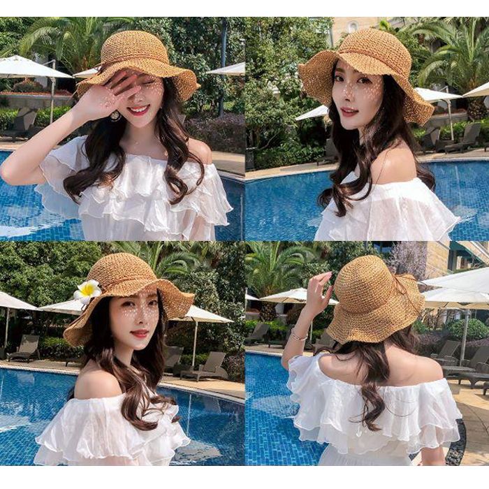 Straw hat women's summer flower hat Sun Visor Hat versatile Travel Beach Hat Women's foldable hand woven hat