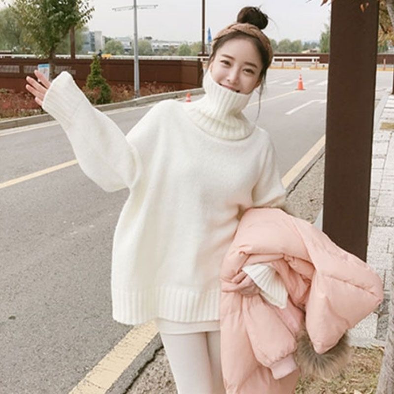 High collar sweater for women autumn and winter new Korean student solid color sweater loose and lazy Pullover Sweater for women thickening trend