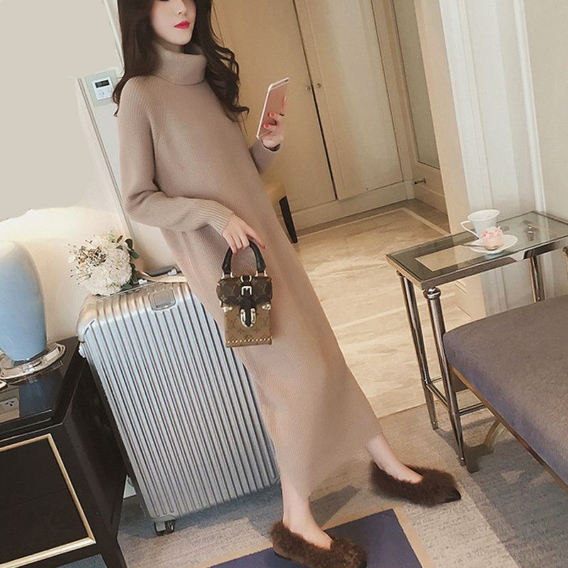 Super long sweater women's fall / winter 2020 new style thickened bottoming over knee high neck loose and versatile knitting dress fashion