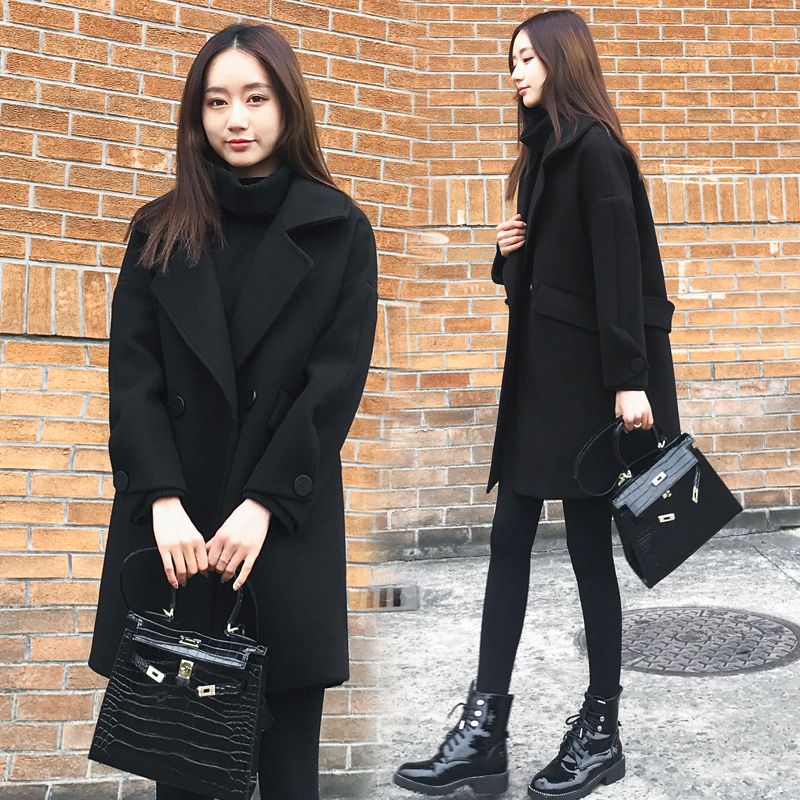 加棉厚反季秋冬新款韩版宽松显瘦黑色呢子大衣中长款毛呢外套女潮