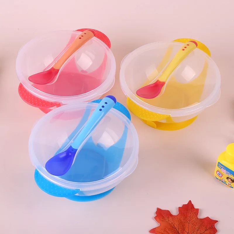 Baby children's tableware set suction cup bowl spoon cover newborn silicone temperature sensitive color changing soft spoon anti scalding eating