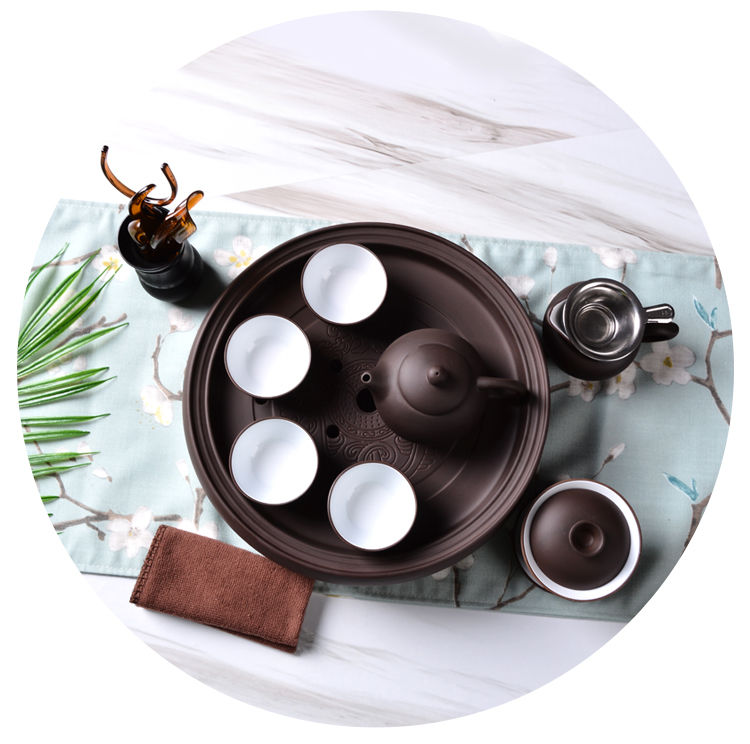 初石 紫砂功夫茶具套装茶杯茶壶茶盘整套陶瓷茶具圆形茶洗蓄水家用茶器