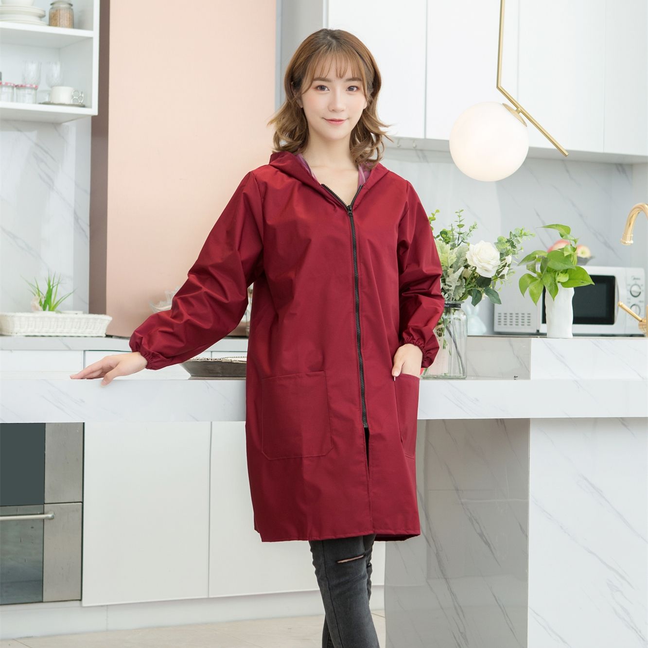 长袖拉链罩衣韩版时尚成人厨房围裙防水防油连帽纯色护衣女工作服