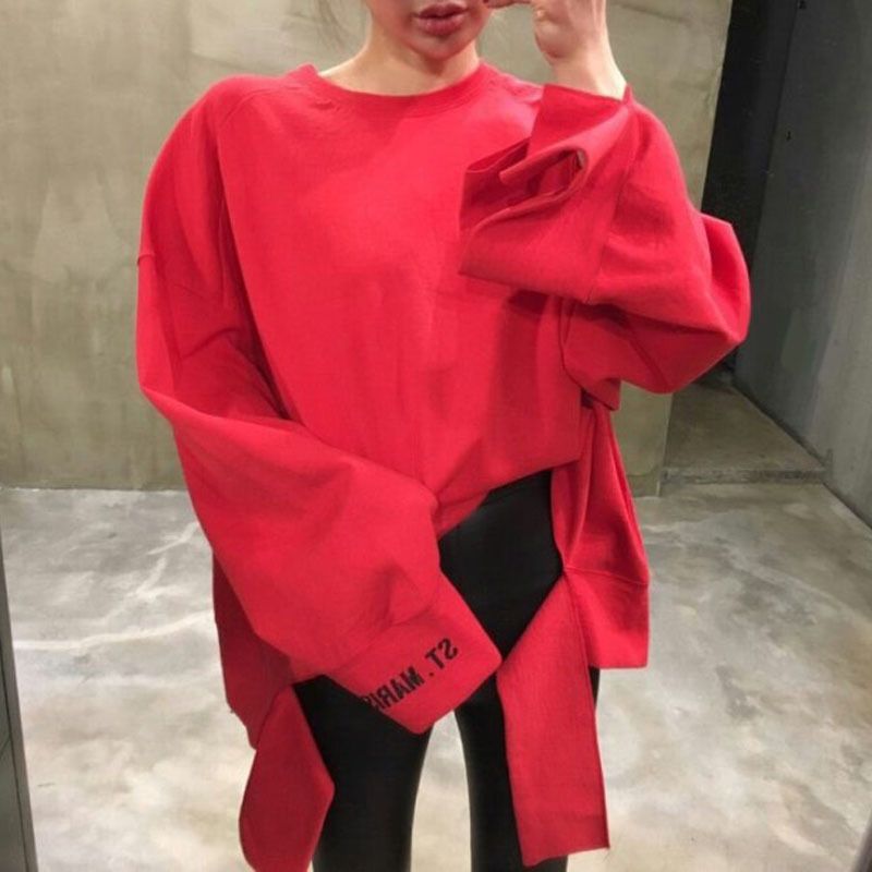  autumn Korean Dongdaemun top hanging side with holes cuff letter embroidery loose pullover sweater women's clothing