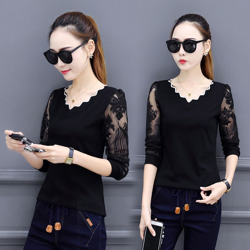 95 cotton lace bottomed shirt women's long sleeve spring and Autumn New Korean version slim and foreign style versatile T-Shirt Top