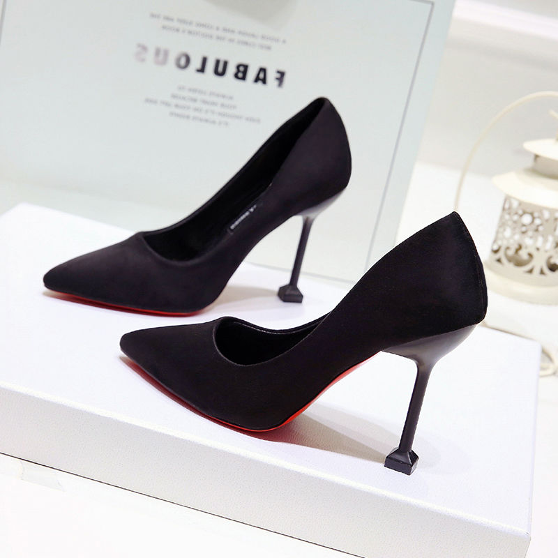 Black women's suede pointed toe stiletto mid-heel high-heeled shoes 2023 new matte work shoes cat heel single shoes women