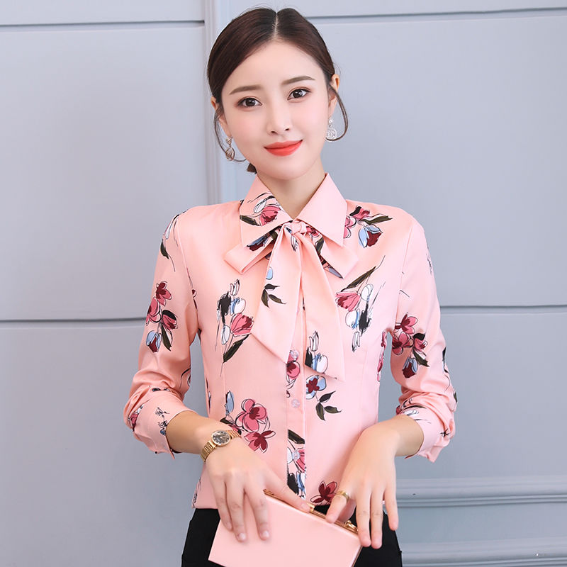 襯衫女長袖襯衣女秋裝印花襯衣女韓版修身翻領雪紡襯衣女裝