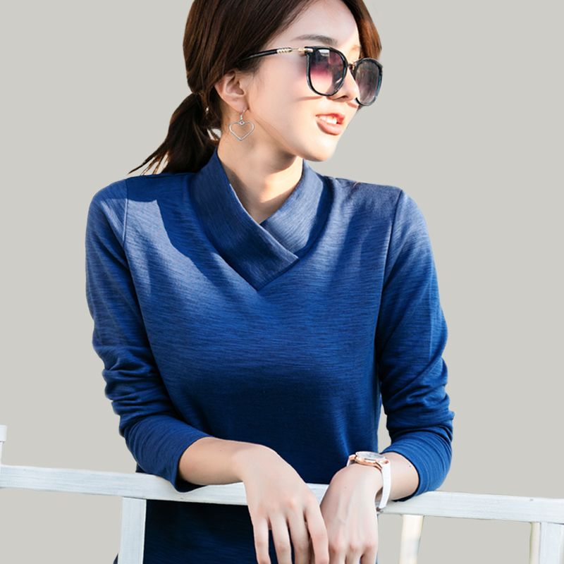 Thickened slub cotton half-high collar t-shirt women's long-sleeved autumn and winter large size women's decoration body slim v-neck bottoming shirt top