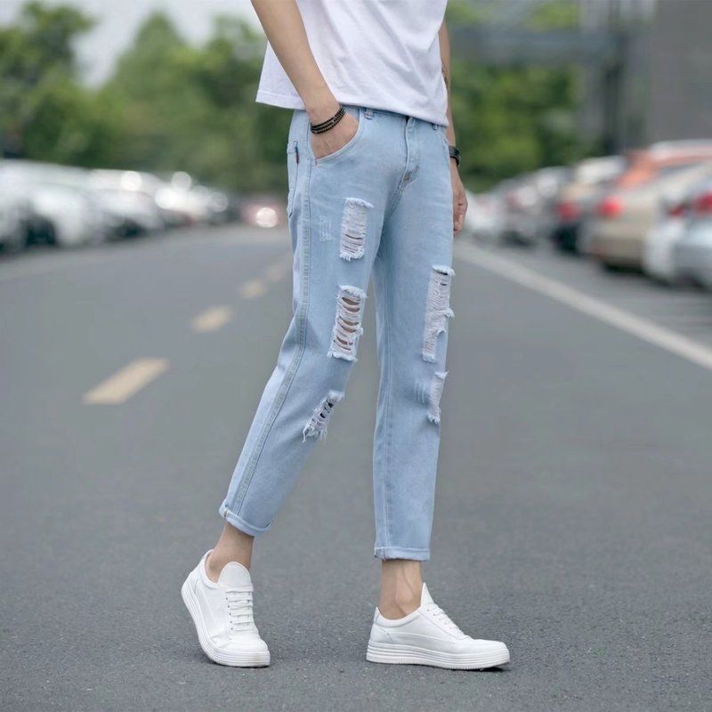 Jeans men's Korean fashion slim feet 9-point pants 8-8-7-hole beggar's loose Capris