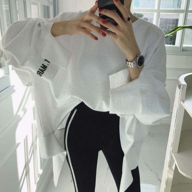Autumn 2020 South Korea east gate top hanging edge with holes in cuffs letter embroidery loose Pullover Sweater for women