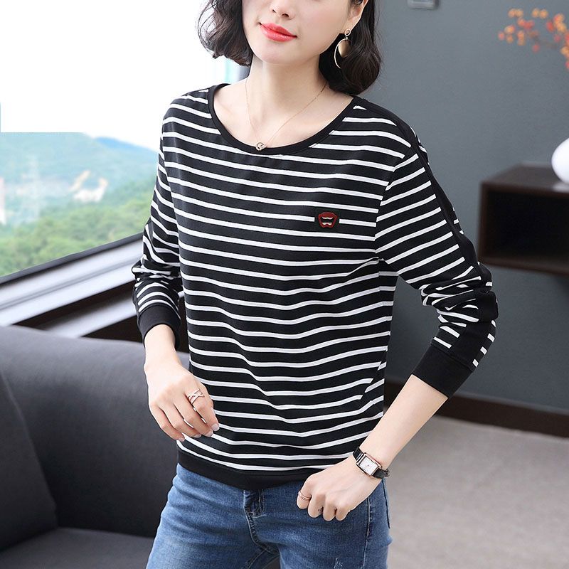 95棉 2019新款大码女装条纹t恤女长袖宽松显瘦上衣体恤胖mm打底衫