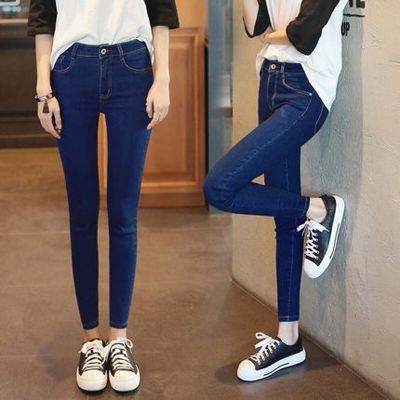 韩版简约牛仔裤女中腰小脚春夏新款铅笔裤女生紧身显瘦百搭长裤子