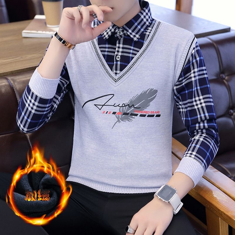 秋冬季毛衣男加绒加厚衬衫领假两件针织衫青少年男士韩版套头毛衫