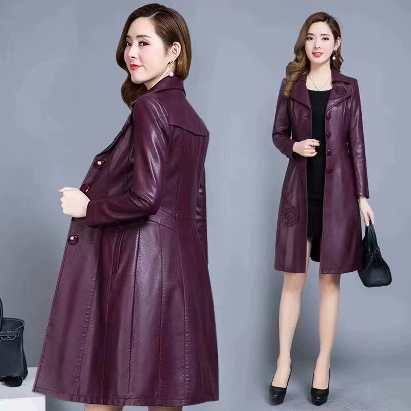 Leather windbreaker women's medium long style fall / winter 2020 new slim fit waist size women's leather coat women's PU leather coat