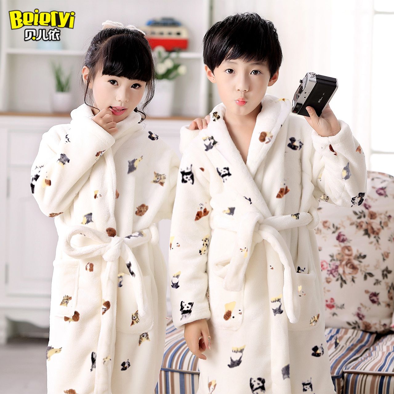 Children's wear winter children's robe super soft boys' bathrobe extended thick flannel girls' pajamas winter home wear