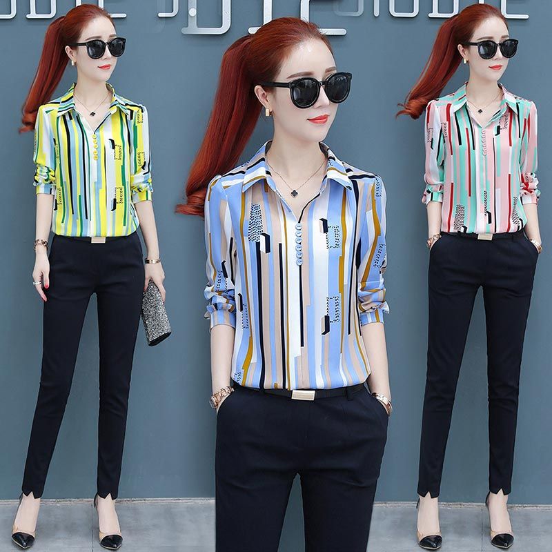 Spring and Autumn New Long Sleeve Shirt female chic Hong Kong Style polo shirt Korean style slim and versatile striped shirt