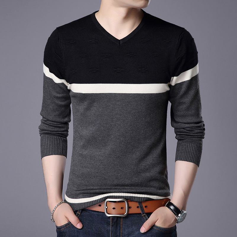 Men's V-Neck Sweater men's Korean Plaid slim fit T-shirt casual T-shirt youth line clothing trend