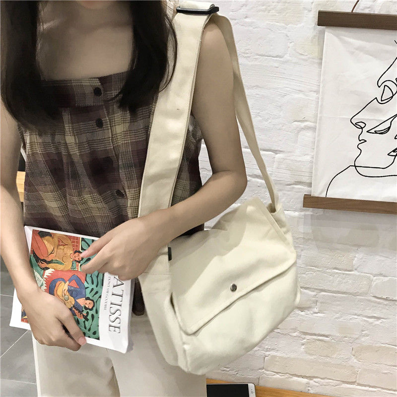 Mori Canvas Messenger Bag for women Korean version pure color artistic single shoulder bag for all kinds of simple postman bag for female students