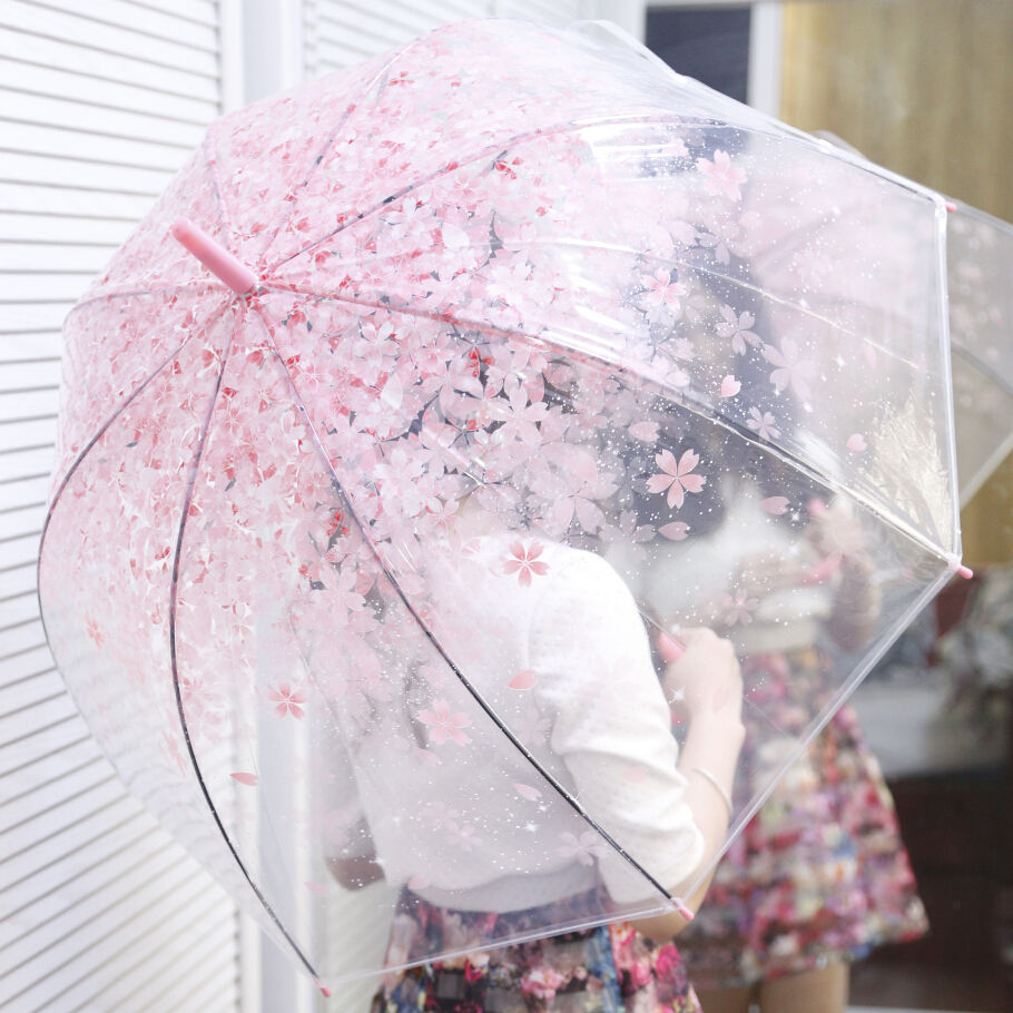 加厚长柄透明雨伞樱花折叠小清新伞森系卡通学生儿童韩国可爱男女