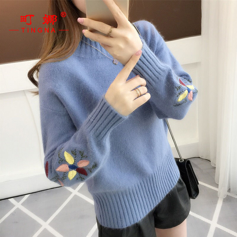 [core spun yarn] half high neck sweater thickened women's autumn and winter short Embroidered Flower bottomed T-shirt with long sleeve Pullover