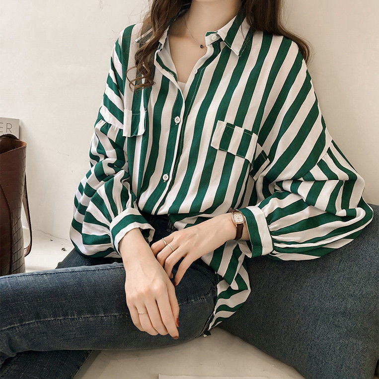 Early autumn women's new Hong Kong style loose large size bf striped shirt women's long-sleeved chic top thin jacket