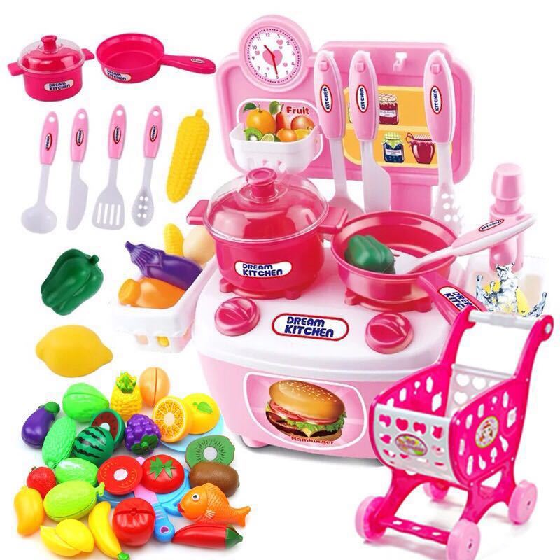 Children's family, male and female cooking toys, kitchen simulation tableware, sound and light, baby fruit and vegetable cutting music