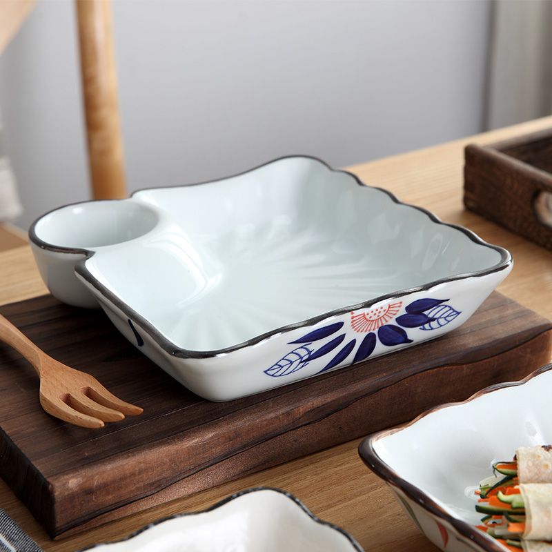 Dumpling plate with vinegar dish creative ceramic plate breakfast divided dish household dish Japanese tableware square plate