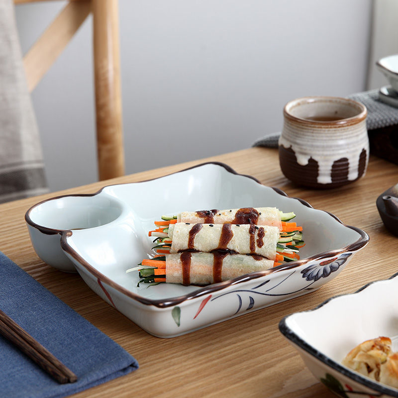 Dumpling plate with vinegar dish creative ceramic plate breakfast divided dish household dish Japanese tableware square plate