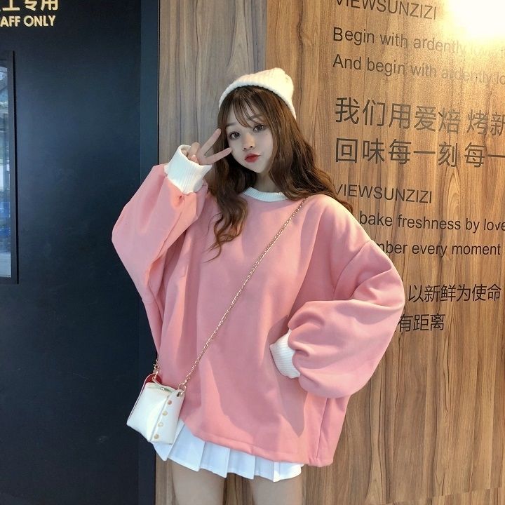Autumn and winter Korean college style sweater women's Plush thickened loose students' long sleeve top