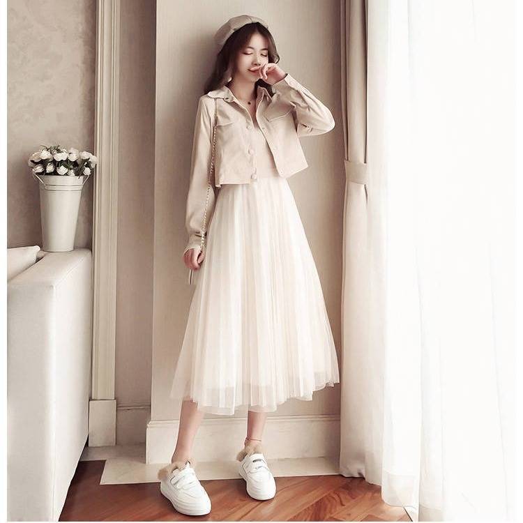 Autumn / winter 2020 women's new short coat suit medium length mesh skirt dress long skirt winter two piece dress