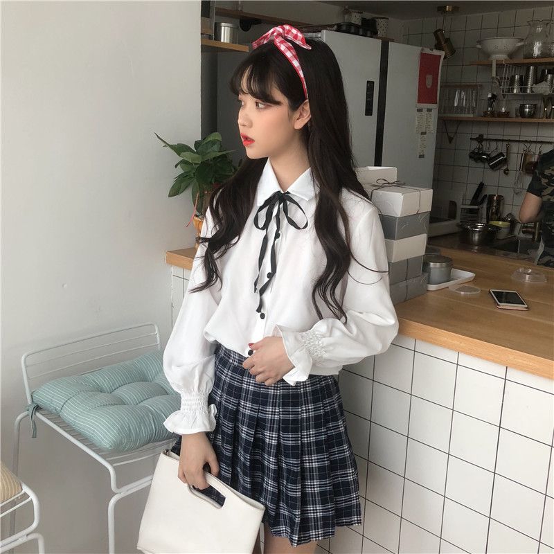 新款白色衬衫女学生韩版宽松上衣显瘦喇叭袖系带打底衫长袖衬衣女