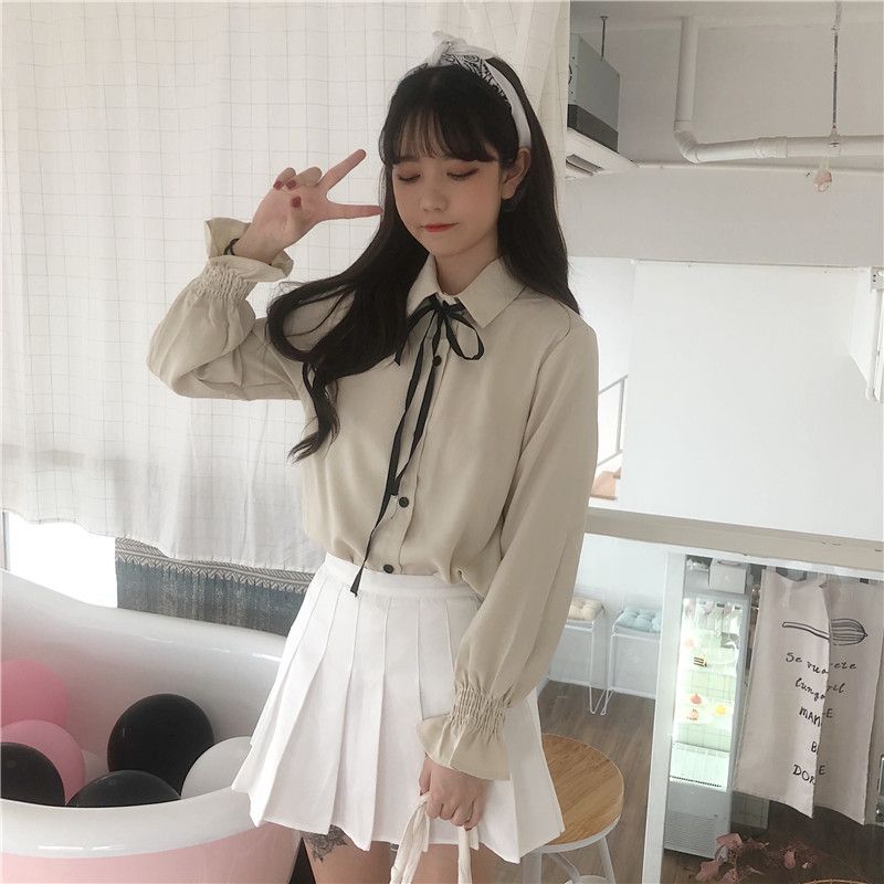 新款白色衬衫女学生韩版宽松上衣显瘦喇叭袖系带打底衫长袖衬衣女
