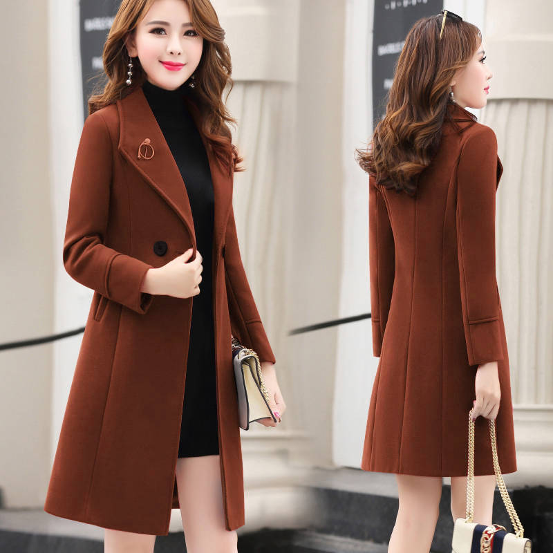 Spring and autumn of 2020 new Korean version with waistband showing thin woolen coat trend of women's middle school long and large size suit collar and woolen coat