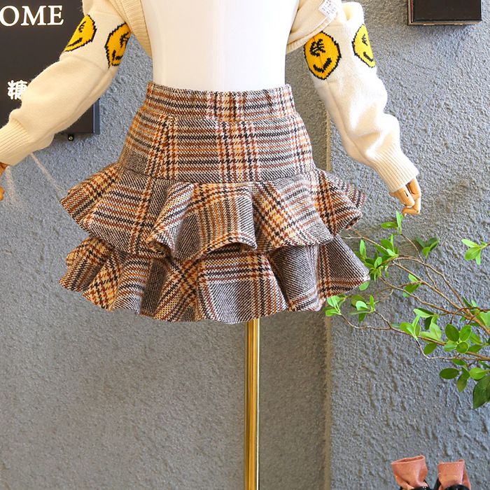 Girl's skirt girl Lolita skirt autumn winter Plush Plaid tweed short skirt children's cake skirt